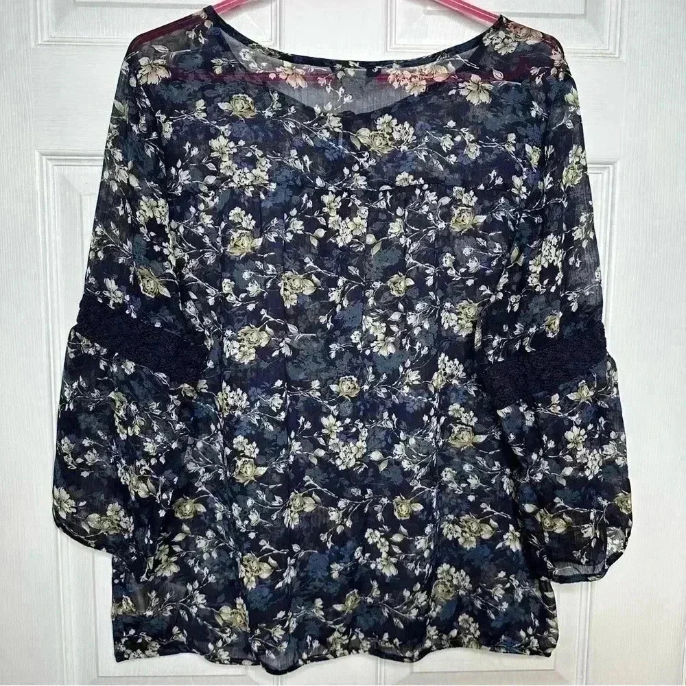 Denver Hayes Boho Blouse Sheet Flowy Floral Blue/White/Brown Size Extra Large - Picture 13 of 16